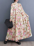 Momentlover Split-Joint Printed Pleated Loose Long Sleeves Stand Collar Shirt Dress Midi Dresses