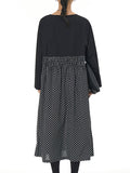 Momentlover Split-Joint Polka-Dot Pleated Elasticity Contrast Color Loose Long Sleeves Round-Neck Midi Dresses
