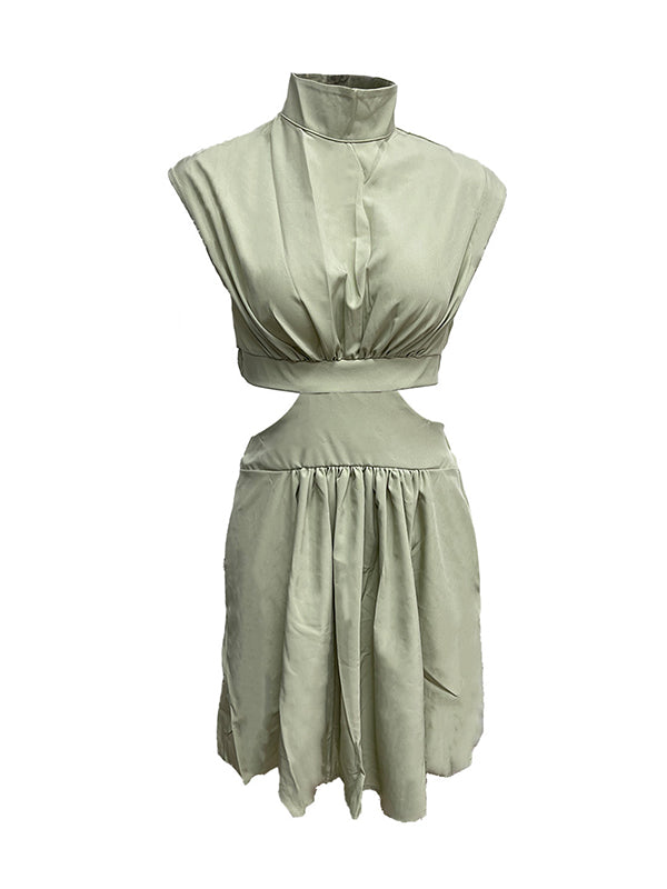 Momentlover Solid Color Pleated Belly-Hollow Skinny Stand Collar Mini Dresses