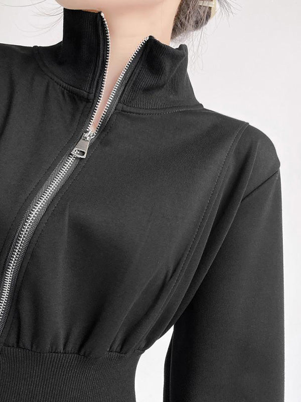 Momentlover Zipper Split-Front Asymmetric Long Sleeves High Neck Midi Dresses