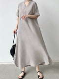 Momentlover Solid Color Short Sleeves Loose V-Neck Maxi Dresses