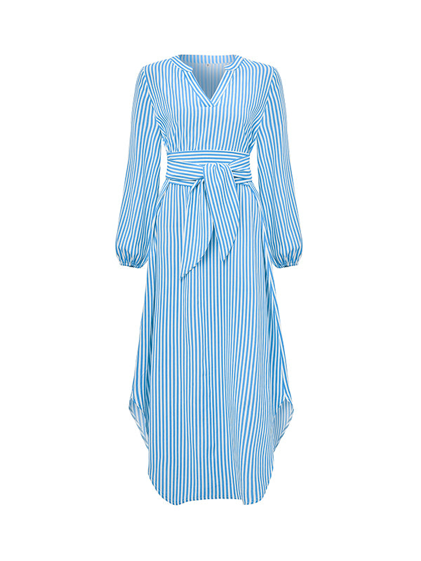 Momentlover Tied Waist Striped Puff Sleeves Loose V-Neck Shirt Dress Midi Dresses