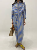 Momentlover Striped Pockets Contrast Color Buttoned Loose Long Sleeves Lapel Shirt Dress Midi Dresses