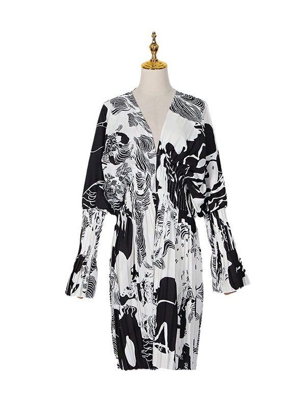 Momentlover Printed Pleated Contrast Color Loose Long Sleeves V-neck Mini Dresses