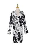 Momentlover Printed Pleated Contrast Color Loose Long Sleeves V-neck Mini Dresses