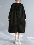 Momentlover Split-Side Elasticity Buttoned Loose Long Sleeves Mock Neck Shirt Dress Midi Dresses