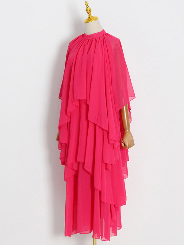 Momentlover Tiered Solid Color Raglan Sleeve Loose Stand Collar Maxi Dresses