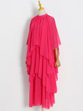 Momentlover Tiered Solid Color Raglan Sleeve Loose Stand Collar Maxi Dresses