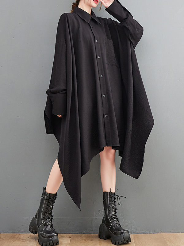 Momentlover Solid Color Pockets Buttoned Asymmetric Loose Long Sleeves Lapel Shirt Dress Midi Dresses