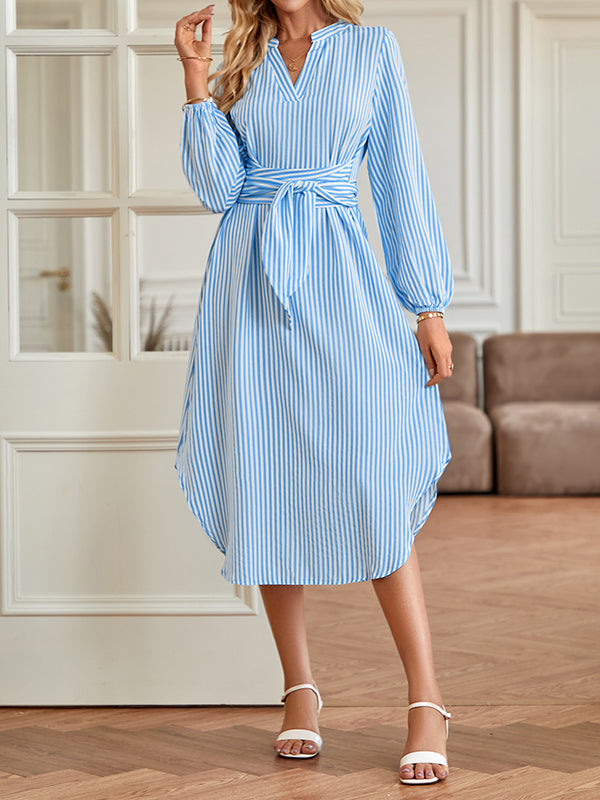 Momentlover Tied Waist Striped Puff Sleeves Loose V-Neck Shirt Dress Midi Dresses