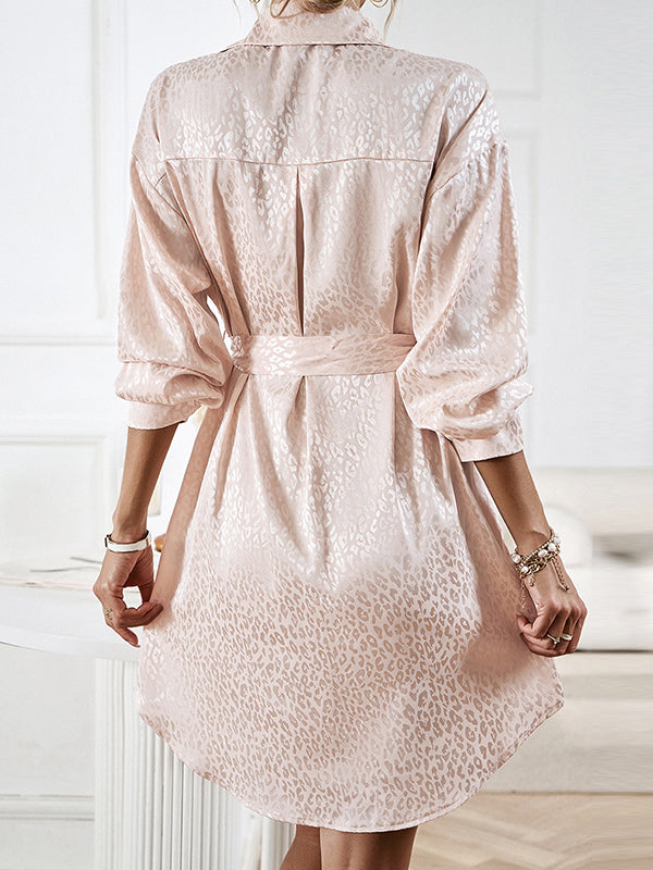 Momentlover Tied Waist Leopard Buttoned Loose Long Sleeves Lapel Shirt Dress Mini Dresses
