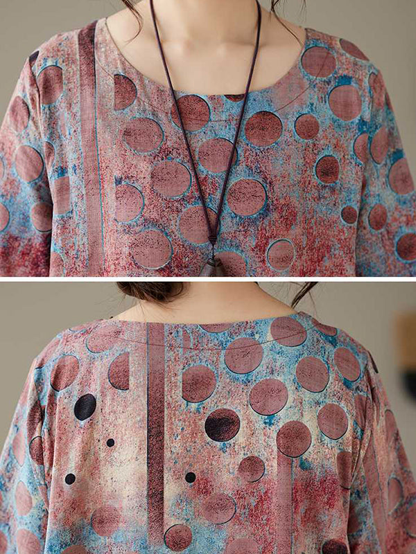 Momentlover Printed Polka-Dot Contrast Color Loose Half Sleeves Round-Neck Midi Dresses