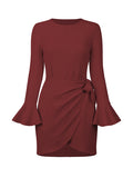 Momentlover Simple Long Sleeves Skinny Tied Falbala Solid Color Round-Neck Mini Dresses