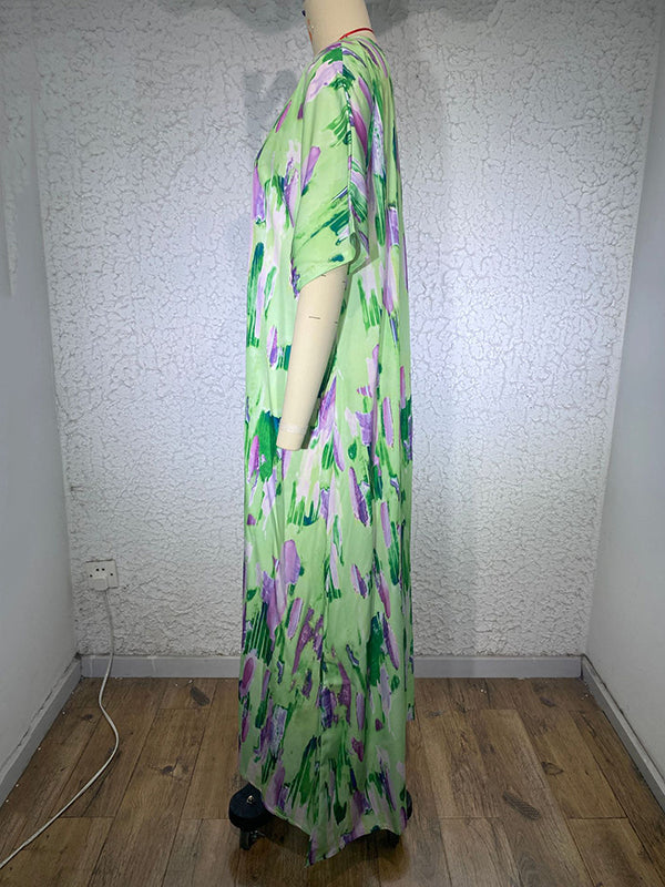 Momentlover Printed Multi-Colored Short Sleeves Loose V-neck Maxi Dresses