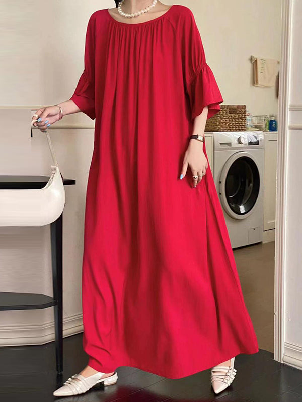 Momentlover Solid Color Loose Half Sleeves Round-Neck Midi Dresses