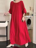 Momentlover Solid Color Loose Half Sleeves Round-Neck Midi Dresses