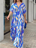 Momentlover Printed Multi-Colored Short Sleeves Loose V-neck Maxi Dresses