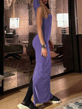 Momentlover Split-Back Solid Color Hooded Sleeveless Skinny Maxi Dresses