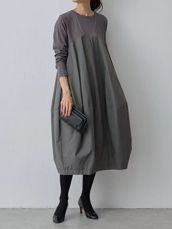 Momentlover Split-Joint Loose Long Sleeves Round-Neck Midi Dresses