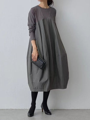 Momentlover Split-Joint Loose Long Sleeves Round-Neck Midi Dresses