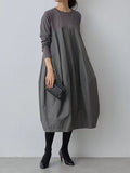 Momentlover Split-Joint Loose Long Sleeves Round-Neck Midi Dresses