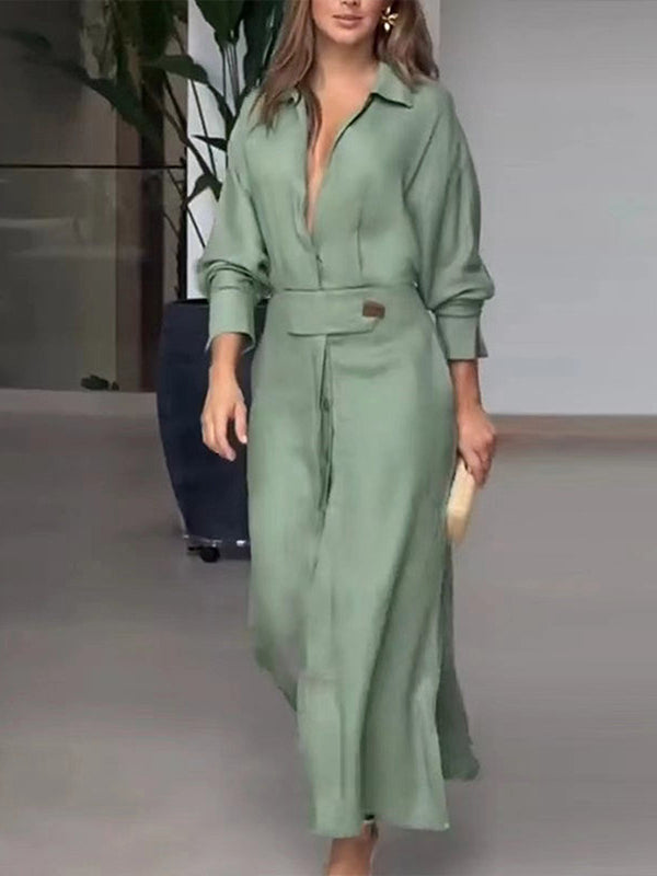 Momentlover Solid Color Long Sleeves Lapel Collar Maxi Dresses