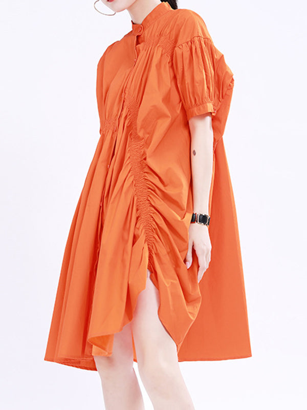 Momentlover Solid Color Pleated Asymmetric Short Sleeves Loose Stand Collar Shirt Dress Mini Dresses