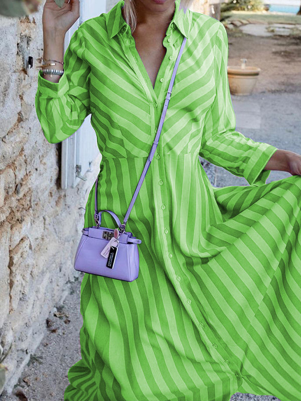 Momentlover Stylish Long Sleeves Striped Lapel Collar Maxi Dresses