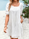 Momentlover Solid Color Jacquard Puff Sleeves Loose Square-neck Mini Dresses