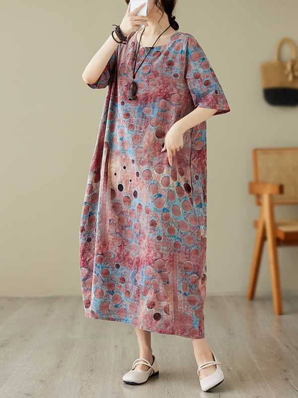 Momentlover Printed Polka-Dot Contrast Color Loose Half Sleeves Round-Neck Midi Dresses