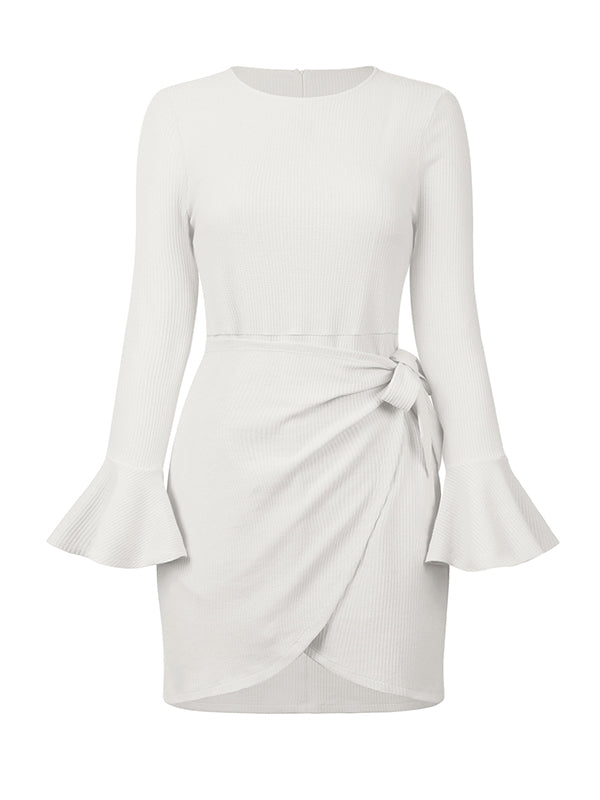 Momentlover Simple Long Sleeves Skinny Tied Falbala Solid Color Round-Neck Mini Dresses