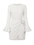 Momentlover Simple Long Sleeves Skinny Tied Falbala Solid Color Round-Neck Mini Dresses