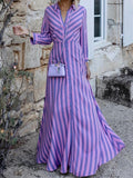 Momentlover Stylish Long Sleeves Striped Lapel Collar Maxi Dresses