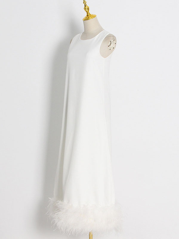 Momentlover Simple Sleeveless Loose Feathers Solid Color Midi Dresses