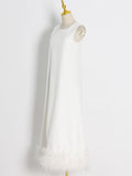 Momentlover Simple Sleeveless Loose Feathers Solid Color Midi Dresses