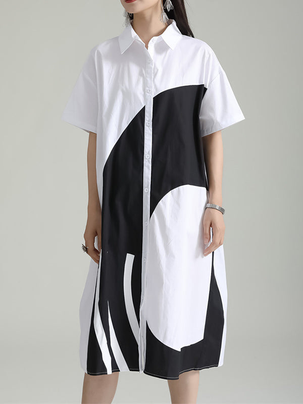 Momentlover Split-Joint Contrast Color Asymmetric Short Sleeves Loose Lapel Shirt Dress Midi Dresses