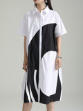 Momentlover Split-Joint Contrast Color Asymmetric Short Sleeves Loose Lapel Shirt Dress Midi Dresses