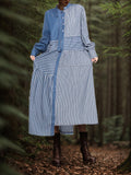 Momentlover Tied Waist Striped Split-Joint Contrast Color Buttoned Asymmetric Loose Long Sleeves Mock Neck Midi Dresses