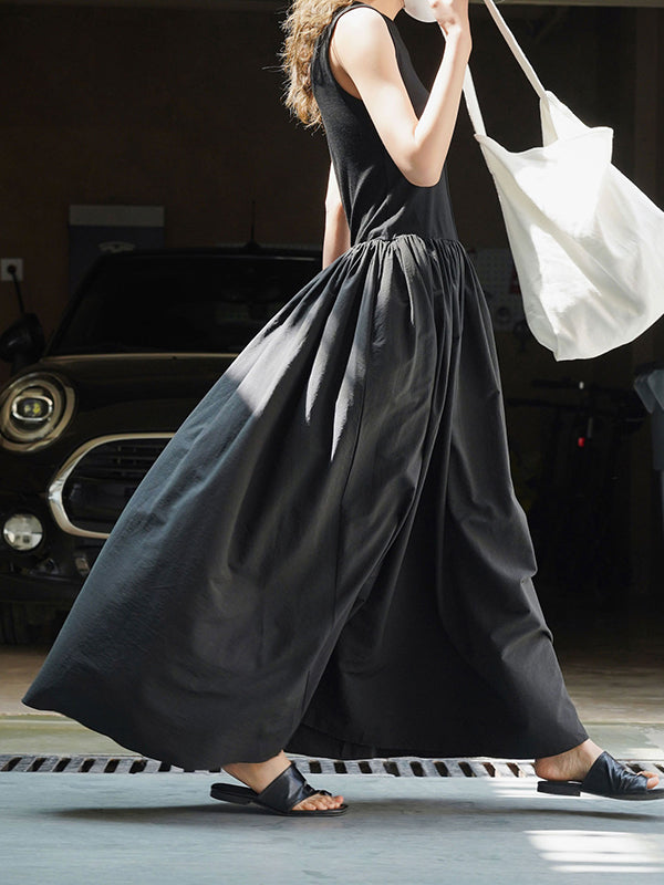 Momentlover Split-Joint Solid Color Pleated Sleeveless Loose Round-Neck Maxi Dresses