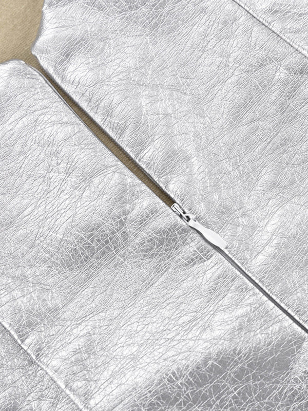 Momentlover Zipper Split-Joint Solid Color Backless Sleeveless Skinny Round-Neck Mini Dresses