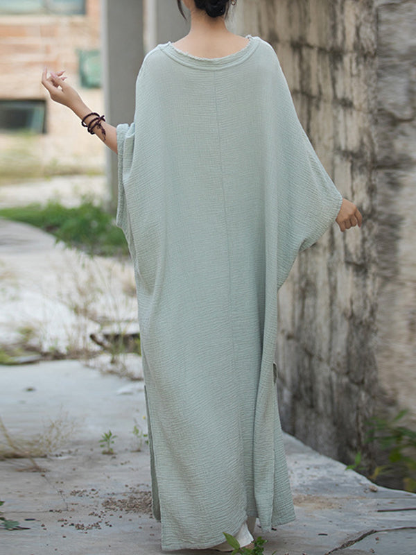 Momentlover Split-Side Solid Color Loose Long Sleeves Round-Neck Midi Dresses