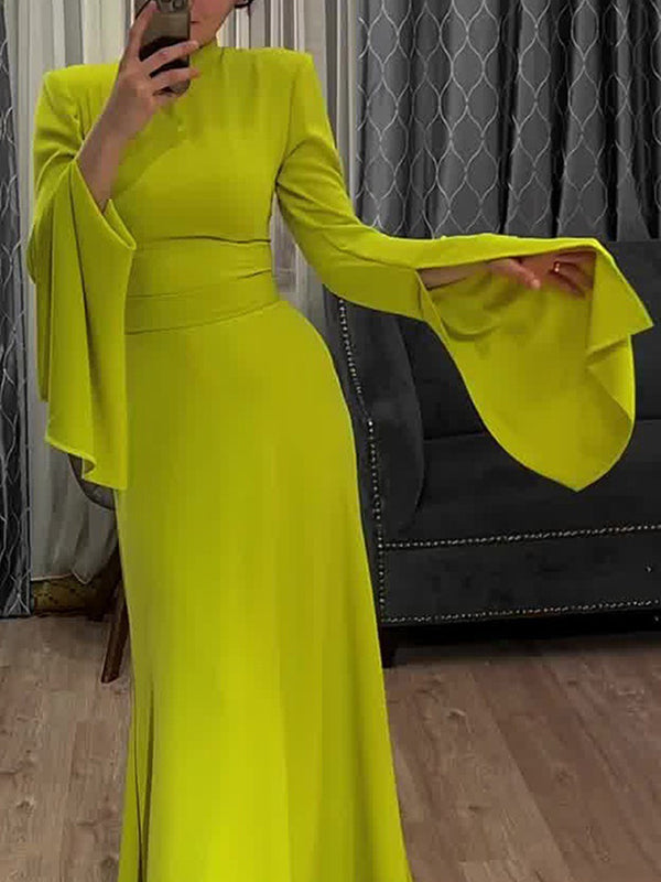 Momentlover Ruffle Sleeves Skinny Belted Solid Color Round-Neck Maxi Dresses