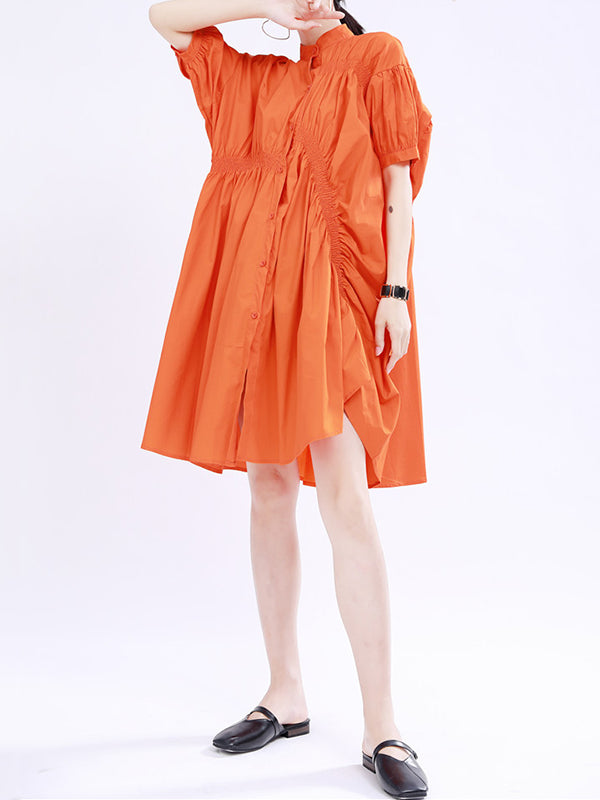Momentlover Solid Color Pleated Asymmetric Short Sleeves Loose Stand Collar Shirt Dress Mini Dresses