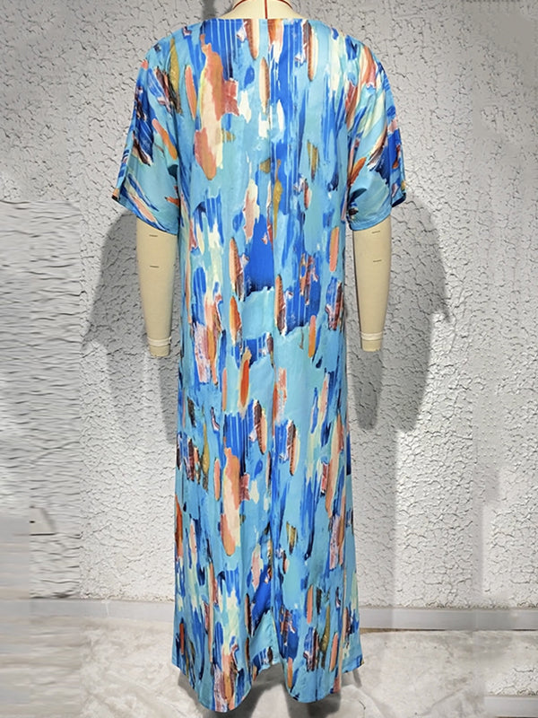 Momentlover Printed Multi-Colored Short Sleeves Loose V-neck Maxi Dresses