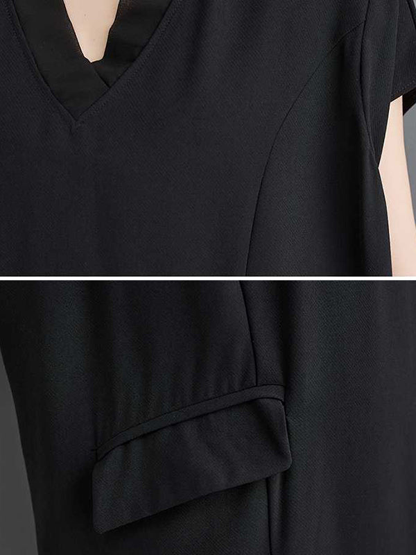 Momentlover Split-Joint Split-Front Solid Color Short Sleeves Loose V-Neck Midi Dresses