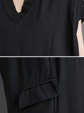 Momentlover Split-Joint Split-Front Solid Color Short Sleeves Loose V-Neck Midi Dresses