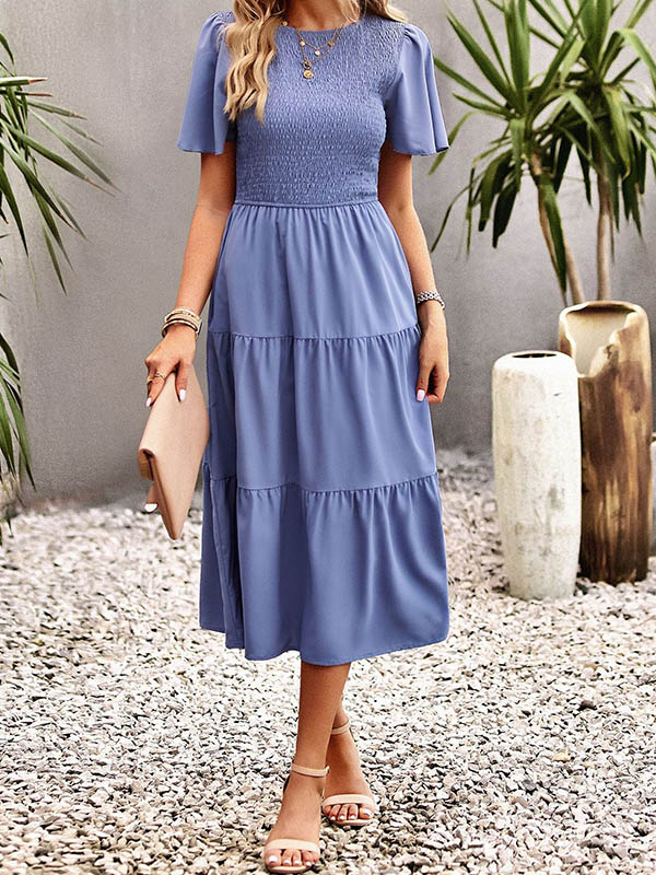 Momentlover Solid Color Elastics Short Sleeves Loose Round-neck Midi Dresses
