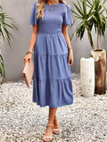 Momentlover Solid Color Elastics Short Sleeves Loose Round-neck Midi Dresses