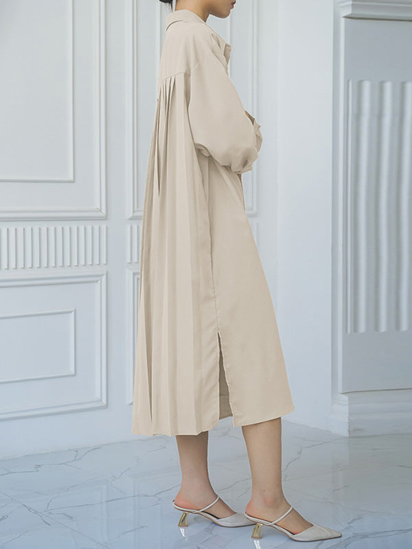 Momentlover Split-side Buttoned Three-quarter Sleeves Loose Lapel Shirt Dress Midi Dresses