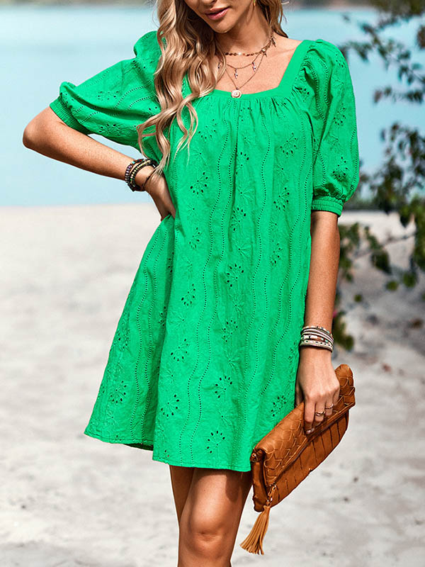 Momentlover Solid Color Jacquard Puff Sleeves Loose Square-neck Mini Dresses